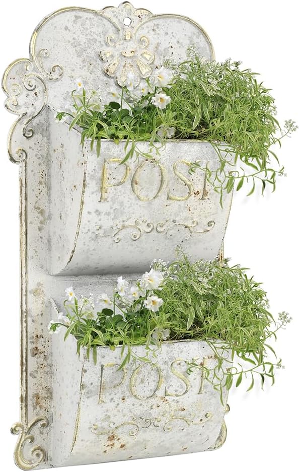 All Chic Metal Wall Planter - Outdoor Rustic Wall Mount Hanging Planter, White Gold