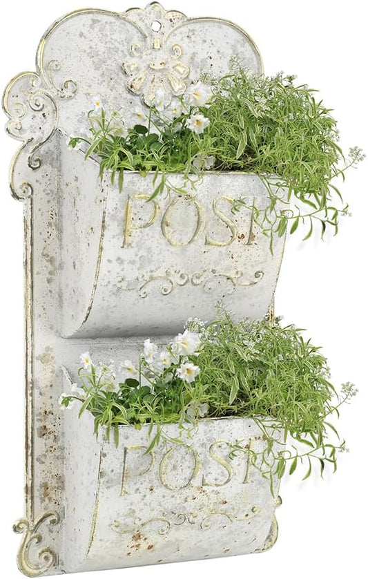 All Chic Metal Wall Planter - Outdoor Rustic Wall Mount Hanging Planter, White Gold