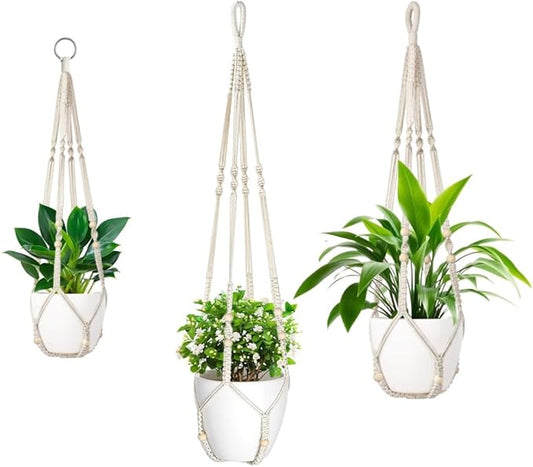 3 Pack Macrame Plant Hanger,Hanging Plant Holder, Boho Home Decor Hanging Basket with Wood Beads,Hanging Planters for Indoor Plants,Plant Hanger Indoor 35"/29"/23" Ivory (POTS NOT Included)