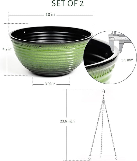 10 Inch Hanging Planter, 2 Pack Hanging Planters for Indoor Outdoor Plants Self Watering Hanging Pots with Drainage Holes for Garden Home (Green)