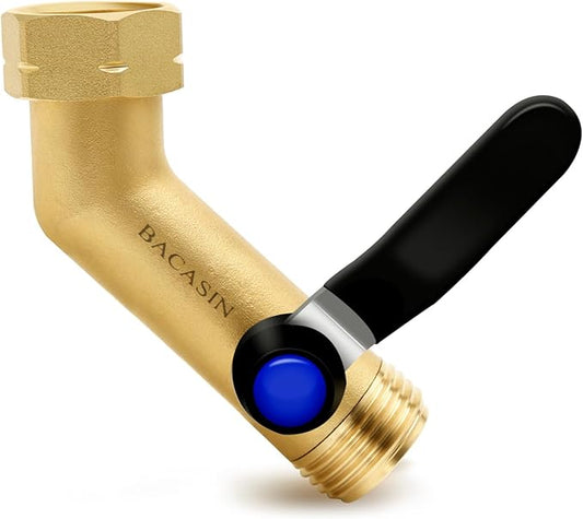 135° Full Flow Heavy Duty Brass Garden Hose Shutoff Valve with 304 Stainless Steel Extended Handle, 3/4-Inch Leak-Free Elbow Connector for Outdoor Faucets, RV Spigots, and Hose Extenders