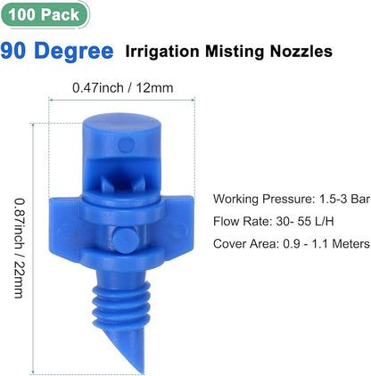 100-Pack Misting Nozzles, 90 Degree Irrigation Emitter Sprinklers for Garden/Plant/Lawn Water Irrigation System Barbed Refraction Atomizing Dripper [Blue]