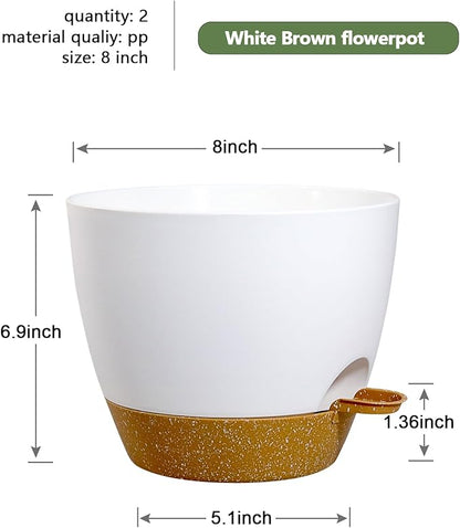 8 inch Self Watering Pots, 2 Pack Plastic Planters with Mesh Drainage Holes for Garden Plants and Flower, Plants Pots with Deep Reservoir for Indoor Outdoor Plants, White with Brown