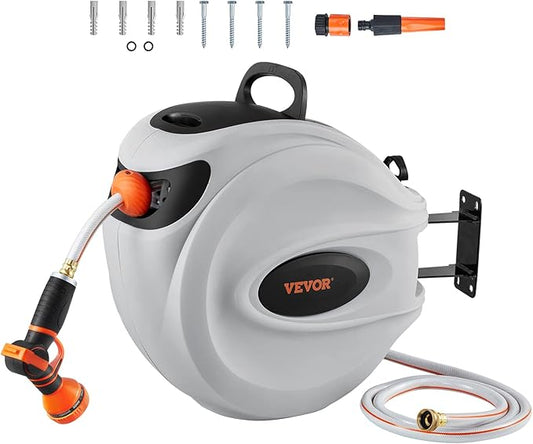 VEVOR Retractable Hose Reel, 84 ft x 5/8 inch, Garden Water Hose Reel with 9-Pattern Nozzle, 180° Swivel Bracket Wall-Mounted, Automatic Rewind, Lock at Any Length, with Slow Return System