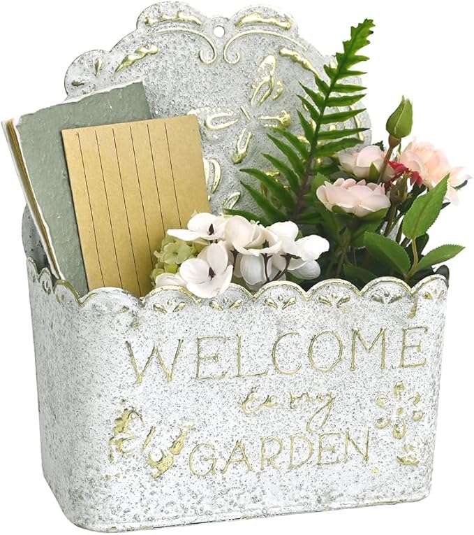 Decorative Hanging Wall Basket Shabby Chic Wall Planter for Indoor Planters Decor White Wall Planter Holder Metal Hanging Planter Wall Mounted Planter for Farmhouse Garden Wall Decor