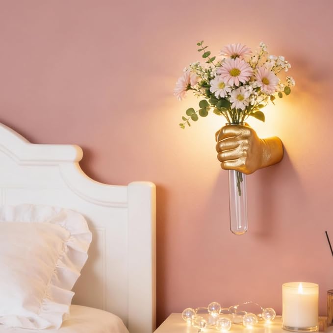 Gold Hand Vase, Wall Mounted Decor - Hanging Statue for Living Rooms & Entrance, Funky Art Sculpture Planter, Esculturas de Pared, Macetas Decorativas, Flower Tubes, Test Tubes for Plants