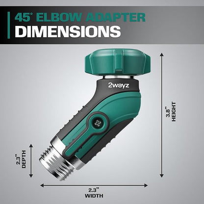 2WAYZ 45° Garden Hose Shut Off Valve - Heavy Duty Metal Elbow Connector with Shut Off Switch - No-Leak Water Hose Adapter for Outdoor Faucet Extension - 2x3x4 Inch (Black, Green)