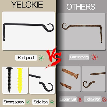 2 Pack Premium Forged Wall Hook, Sturdy Hanging Plant Bracket, Elegant Hook for Bird Feeders, Planters, Lanterns, Wind Chimes Indoor Outdoor, Upgrade Black, 12 Inch