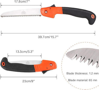 Folding Pruning Saw, Premium Folding Hand Saw with Secure Lock Comfort Soft Grip for Garden or Tree Pruning, Camping, Wood Working(Orange+Black)