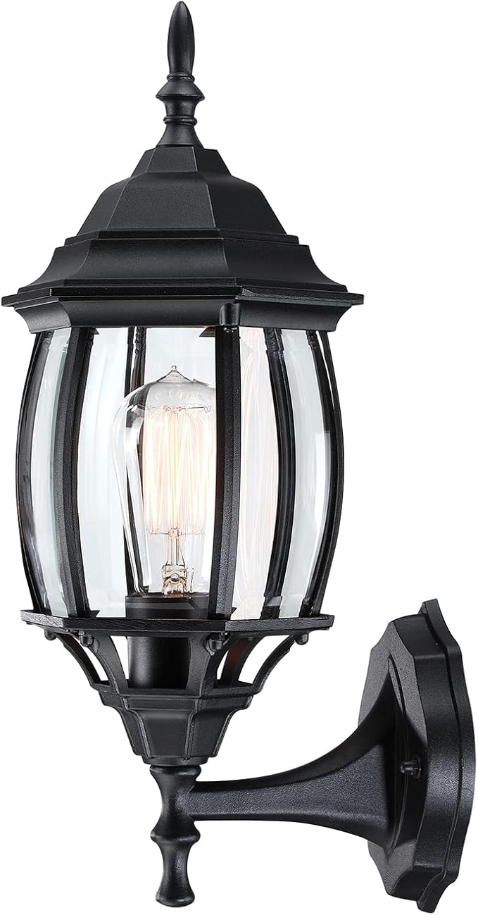 16.8 Inch Outdoor Porch Light - Black Outside Light for House, Metal and Glass Exterior Wall Sconce, Waterproof Wall Mount Outdoor Lantern for Garage,Front Door,Balcony,E26 Base