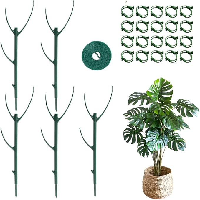 5 Pack Stackable Monstera Plant Support Stakes, 38inch Climbing Garden Plant Support Sticks Structures with 20pcs Clips & Ties, for Indoor Outdoor Plants Alternative to Moss Pole