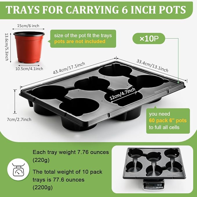 6 Cell Round Nursery Pot Trays for 6 Inch Pots, Thickened Sturdy Seedling Pot Shuttle Tray, Durable Nursery Pots Carrying Tray for Holding 6 Inch Plastic Plant Pots(17.08"×13.14", 10-Pack)