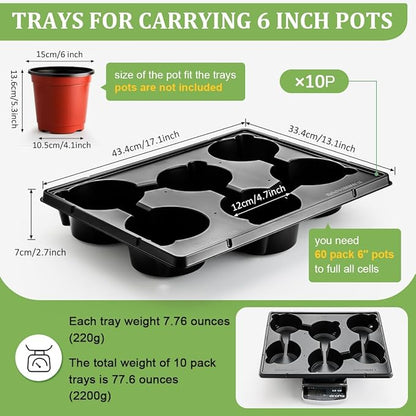6 Cell Round Nursery Pot Trays for 6 Inch Pots, Thickened Sturdy Seedling Pot Shuttle Tray, Durable Nursery Pots Carrying Tray for Holding 6 Inch Plastic Plant Pots(17.08"×13.14", 10-Pack)
