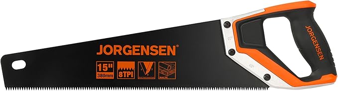 JORGENSEN 15” Hand Saw, Black Coated Coarse Handsaw 8TPI for Wood Cutting, Ergonomic Non-Slip Aluminum Handle for Sawing, Trimming, Gardening, Pruning, PVC