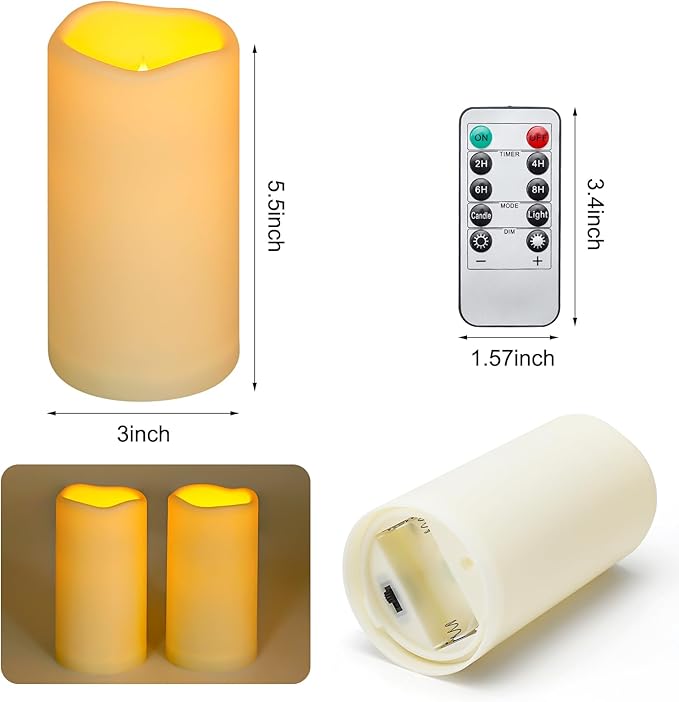 Enido Flameless Candles LED Candles Outdoor Waterproof Candles(D: 3" x H: 6") Battery Operated Plastic Pack of 2 Pillar
