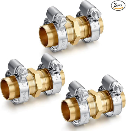 Solid Brass Garden Hose Repair Connector with Clamps Hose Repair Kit, 3/4"Barb Garden Hose Fittings (3/4"Barb-3 Set)