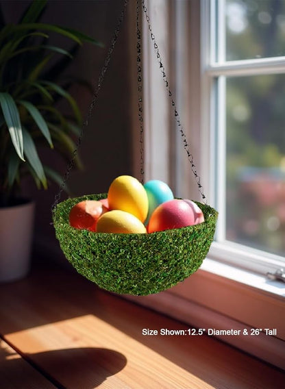 Serene Spaces Living Preserved Green Moss Hanging Basket, Decorative Planter with Metal Chain for Floral Arrangements, Garden Weddings, and Event Décor, 12.5" Diameter & 5" Tall