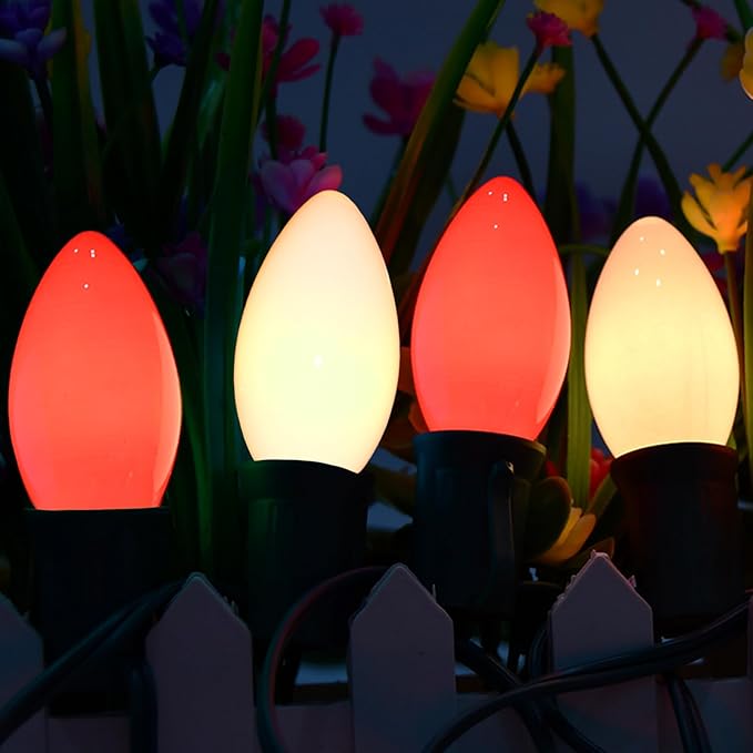 SUNSGNE C9 Christmas Outdoor String Lights 25 Feet Vintage Christmas Tree Lights with 26 7W Red White Glass Bulbs(1 Spare) for Backyard Patio Balcony Xmas Decor, Green Wire