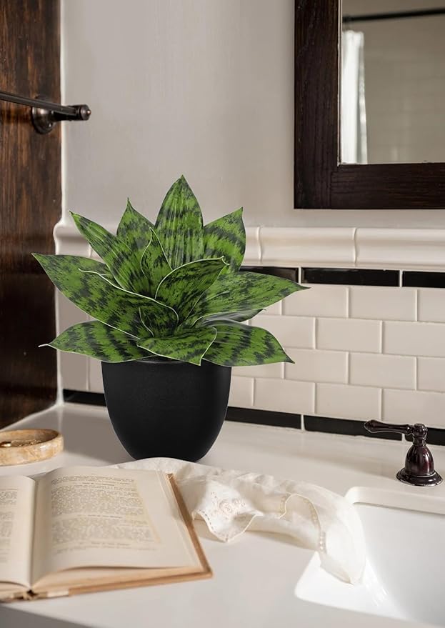 Hollyone Artificial Snake Plants 9" Faux Agave Succulent Plant Potted in Black Pot Fake Sansevieria Aloe Tropical Plant for Desk Modern Office Home Bathroom Indoor Outdoor Decor