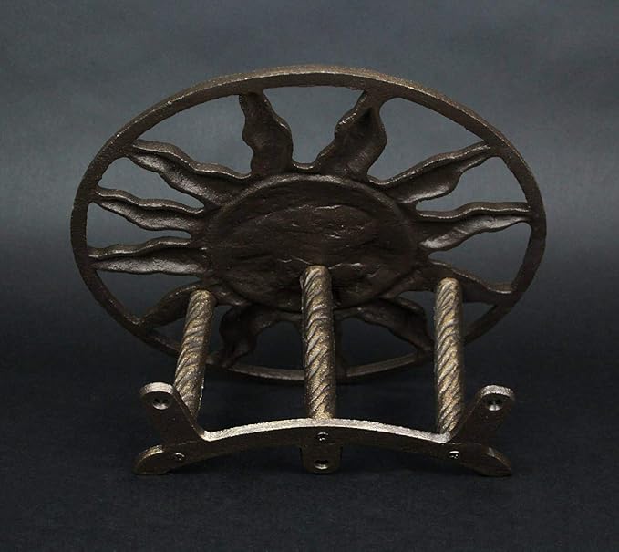 Bronze Finish Cast Iron Sun Face Garden Hose Holder - 12 Inches in Diameter - Decorative Wall-Mounted Outdoor Hanger for Organized and Stylish Outdoor Spaces