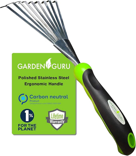 Garden Guru Stainless Steel Hand Rake Soil Tiller with Ergonomic Handle, Great for Gardening, Cultivating, Loosening Soil & Spreading Mulch, Raking Flower Beds
