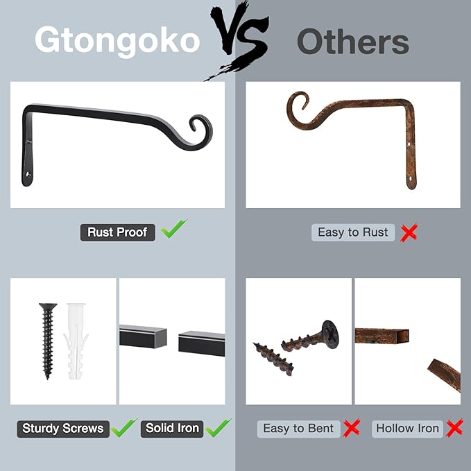 Gtongoko 2 Pack 10 Inch Metal Plant Hangers Wall Hooks for Hanging Plant Brackets, Outdoor Hooks for Hanging Bird Feeders, Flower Baskets, Lanterns, Wind Chinme, Solar Lamps