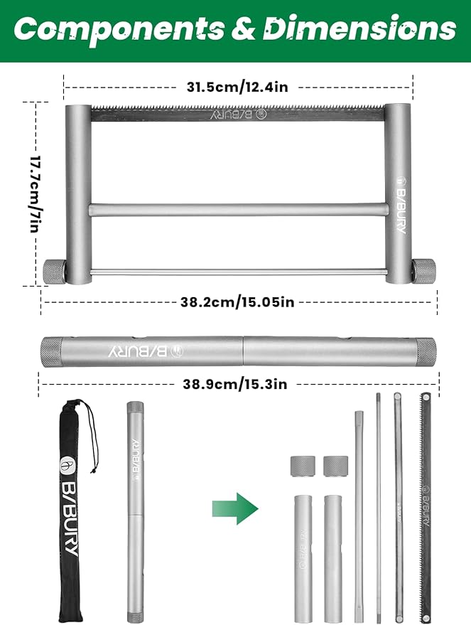 BIBURY Folding Hand Saw Outdoor Survival Tools, Portable Folding Wood Saw with 2pcs Replaceable 12.4” Blade & Buckle Cloth Bag, Aluminium Alloy Camping Pruning Tree Hand Saw for Gardening