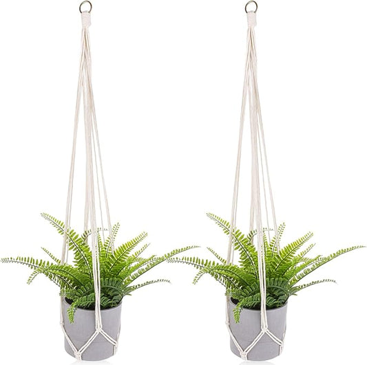 Extra Long Macrame Plant Hanger, 2 Pack Boho Hanging Planters Baskets for Indoor Plants Decorative Braided Cotton Rope Flower Pot Holder with Metal Hook Rings for Outdoor Home Decor, 34 Inches