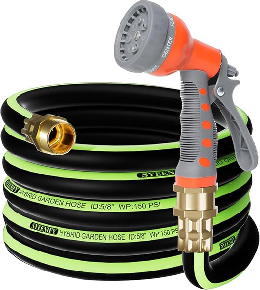 SYEENIFY Kink Free Garden Hose 25ft 5/8", Heavy Duty Hybrid Water Hose, Ultra Durable Flexible Rubber Hose with Sprayer Nozzle,Leakproof Yard Outdoor Hose with Brass Solid Connector