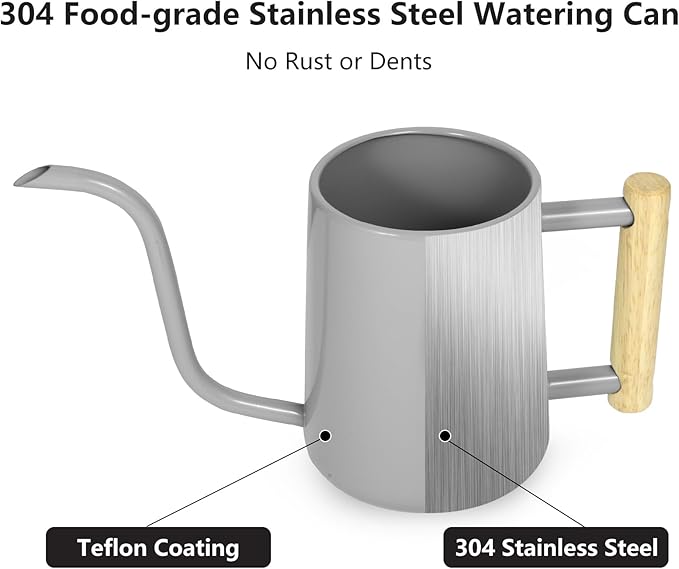 Watering Can Indoor Plants, 35 oz/1000 ml Metal Stainless Steel Watering Can Pot with Long Spout for Indoor House Plants Bonsai Outdoor Garden Flower Decorative (Gray)