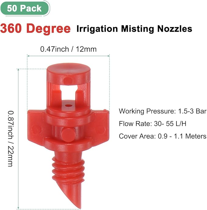 50-Pack Misting Nozzles, 360 Degree Irrigation Emitter Sprinklers for Garden/Plant/Lawn Water Irrigation System Barbed Refraction Atomizing Dripper [Red]