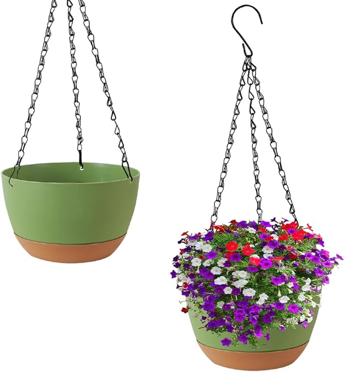 2 Pack 10 Inch Hanging Planters for Indoor Outdoor Plants, Plastic Hanging Basket Flower Plant Pots, Plant Self Watering Pot with Drainage Holes and Saucers for Garden Home (Green)