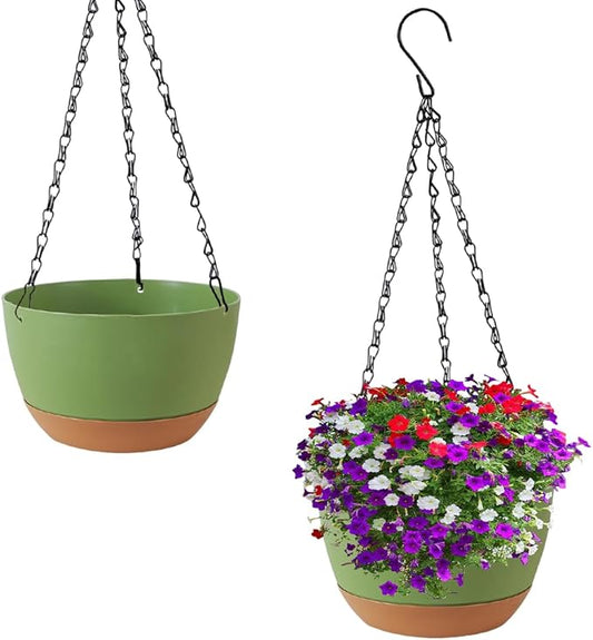 2 Pack 10 Inch Hanging Planters for Indoor Outdoor Plants, Plastic Hanging Basket Flower Plant Pots, Plant Self Watering Pot with Drainage Holes and Saucers for Garden Home (Green)