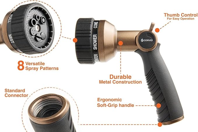10-Pack Corvid Thumb Control 8-Pattern Garden Hose Nozzle, High-Pressure Adjustable Spray with Ergonomic Soft-Grip Handle and Durable Metal Construction, Ideal for Lawn & Garden, Car Washing