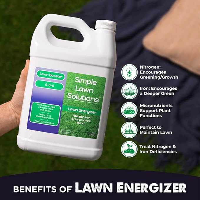 Commercial Grade Lawn Energizer - Grass Fertilizer Booster with Nitrogen, Iron, Micronutrients - Liquid Turf Spray Concentrated Fertilizer- Any Grass Type - Simple Lawn Solutions (1 Gallon)