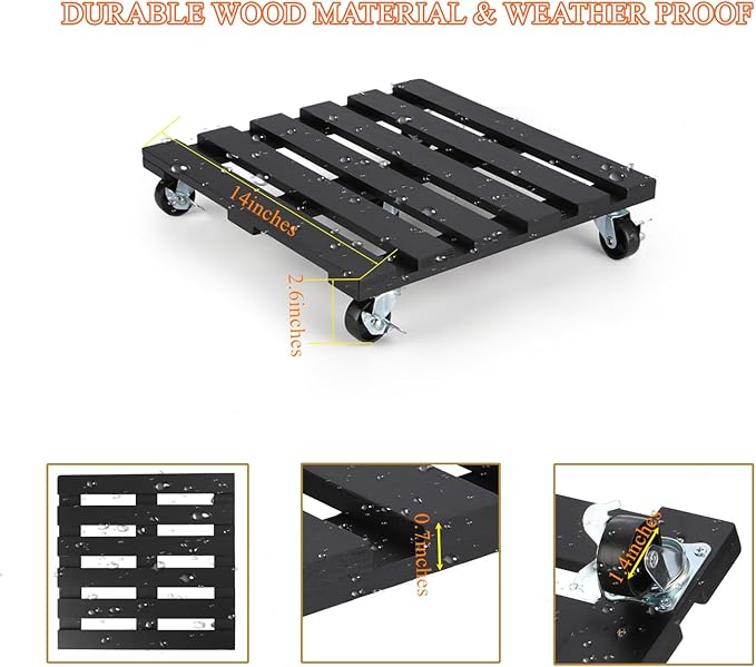 2 Pack Plant Stand with Wheels, 14" Rolling Plant Stand 264 LBS Heavy Duty Wooden Square Plant Caddy with Metal 360° Lockable Caster Wheels for Outdoor Indoor Large Plant Pots, Flower Pot, Patio-Black