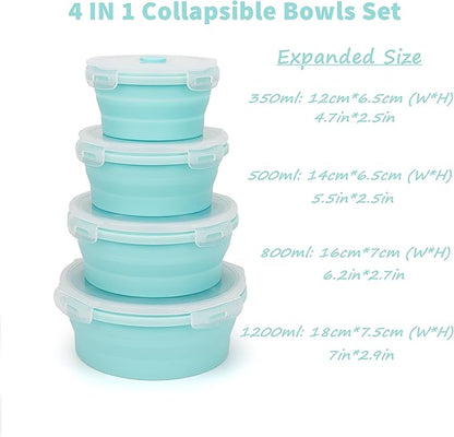CARTINTS Silicone Collapsible Food Storage Containers-Prep/Storage Bowls with Lids – Set of 4 Round Silicone Lunch Containers – Microwave and Freezer Food Containers (Blue)
