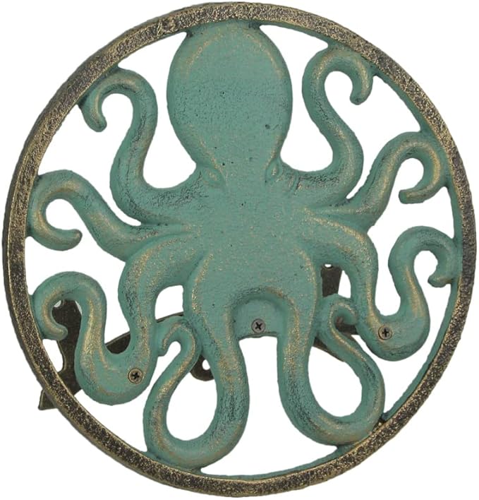 Zeckos Verdigris Octopus Garden Hose Hanger - Cast Iron Decorative Wall-Mounted Holder - 12-Inch Diameter - Stylish Outdoor Decor for 125 ft Capacity