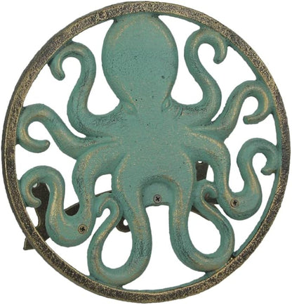 Zeckos Verdigris Octopus Garden Hose Hanger - Cast Iron Decorative Wall-Mounted Holder - 12-Inch Diameter - Stylish Outdoor Decor for 125 ft Capacity