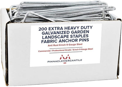 Pinnacle Mercantile 200 Pack Galvanized Garden Stakes Landscape Staples Extra Heavy Duty Sod Ground Anchors Anti Rust 6 inch Metal Pins 9 Gauge USA Made
