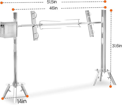Jocisland Electric BBQ Rotisserie Grill Kit, 46" 132 Lbs Capacity, 45W Motor, Height-Adjustable Stainless Steel Pig Roaster with Triangular Stability Support Stand for Pig Lamb
