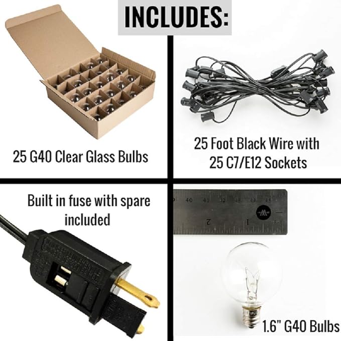 Hometown Evolution, Inc. 25 Foot G40 Clear Outdoor Globe String Lights with Black Wire and (+ 1 Free Spare) for Patio, Deck, Porch, Yard, and Cafe Lighting!