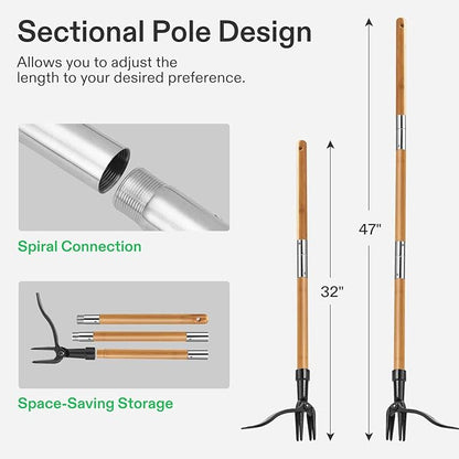 VIVOSUN 47" Weed Puller, Stand-Up Weed Puller Tool with Bamboo Handle & 4-Claw Steel Head, Sectional Pole Design, Easy Weeding Without Pulling, Bending, or Kneeling