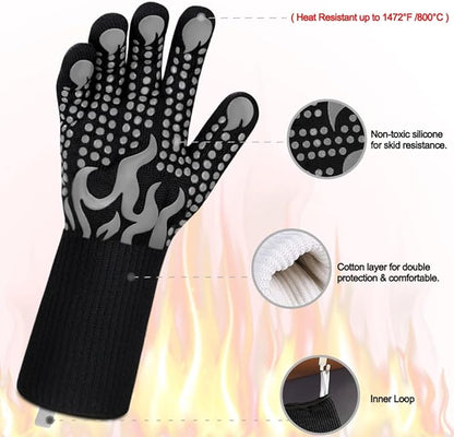 Comsmart BBQ Gloves, 1472F Heat Resistant Silicone Non-Slip Oven Mitts, Long Kitchen Gloves Perfect for Grilling, Cooking, Baking, Cutting