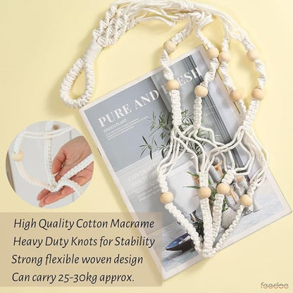 3 Pack Macrame Plant Hanger, Hanging Planters for Indoor Plants Holder With Wood Beads, No Tassels Hanging Plant Holder 3 Hooks, Different Size Boho Plant Hanger, Home Decor, Ivory (POTS NOT INCLUDED)