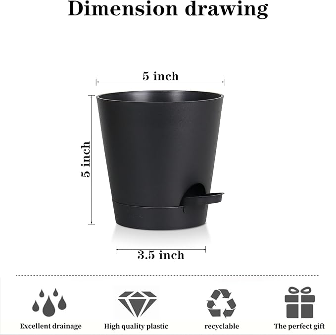 5 Pack 5 inch Self-Watering Pots, African Violets Planter with Drainage Holes and Reservoir, Black Plastic Planter for Indoor Outdoor Plants Flowers and Houseplants Black, 5 inch 5 pcs