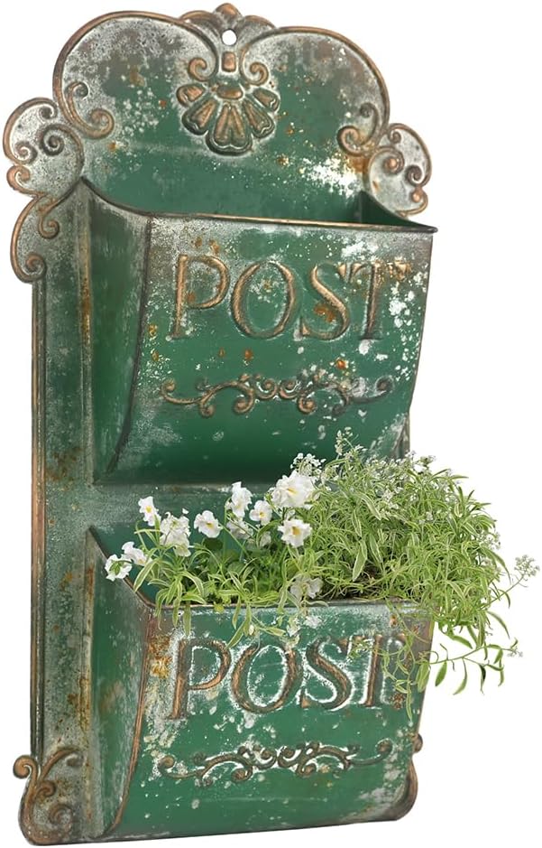 All Chic Wall Hanging Planter Outdoor Wall Planters Metal Wall Planter Flower Pot Double Layer Wall Planters for Indoor Ourtdoor Plants Porch Decor (Green)