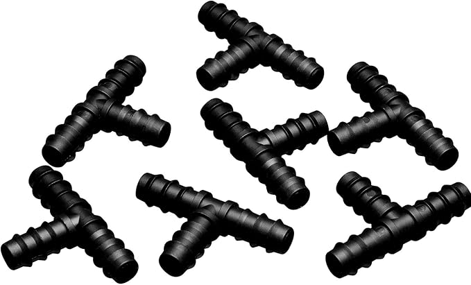 Maitys 8 Pieces 1/2 Inch Drip Irrigation Fittings Parts Soaker Hose Repair Kit Inline Barb Drip Irrigation Hose Connectors Plastic Tubing End Stop for Garden Lawn Sprinkler Systems(Tee)