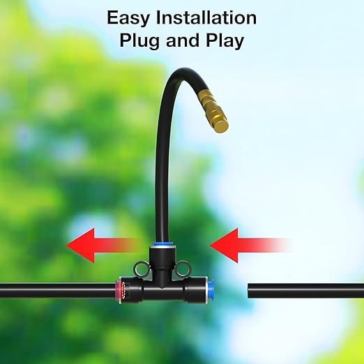 360° Adjustable Drip Irrigation Nozzles Suitable for 1/4 inch Pipes Only 6 Flexible Misting Copper Nozzles and 6 Three-Way Quick Connects