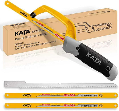 KATA Hacksaw, Compact Hand Operating Hack Saw with 10 Inch Aluminum Frame, 2 Piece Extra Flexible Bi-Metal HSS Blades and 1 Piece Woodworking Saw Blade, Suitable for Wood and Metal (Mini Hacksaw)